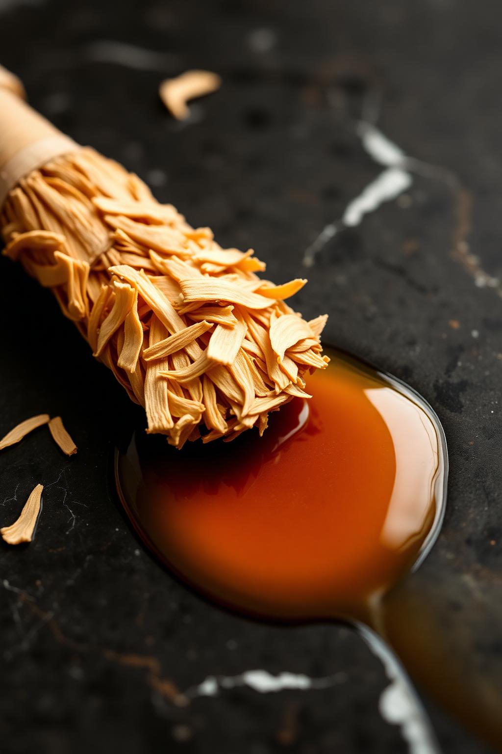 Sandalwood shavings in a pool of warm amber oil on dark marble