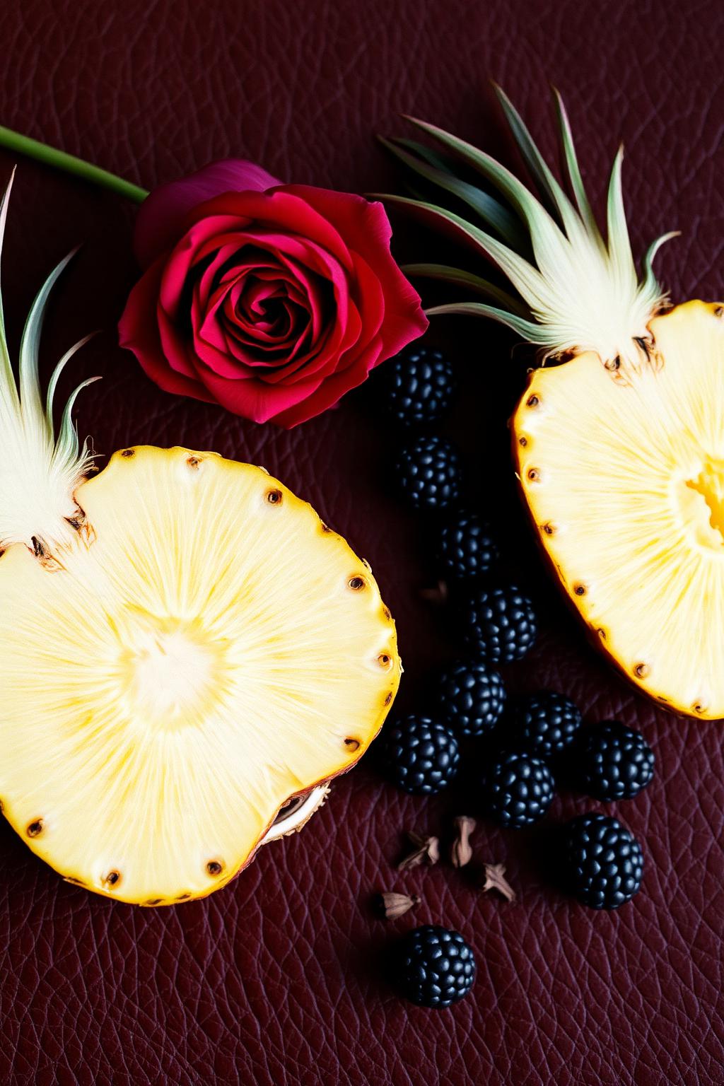 Pineapple, grapes and blackberries with pepper and a damask rose