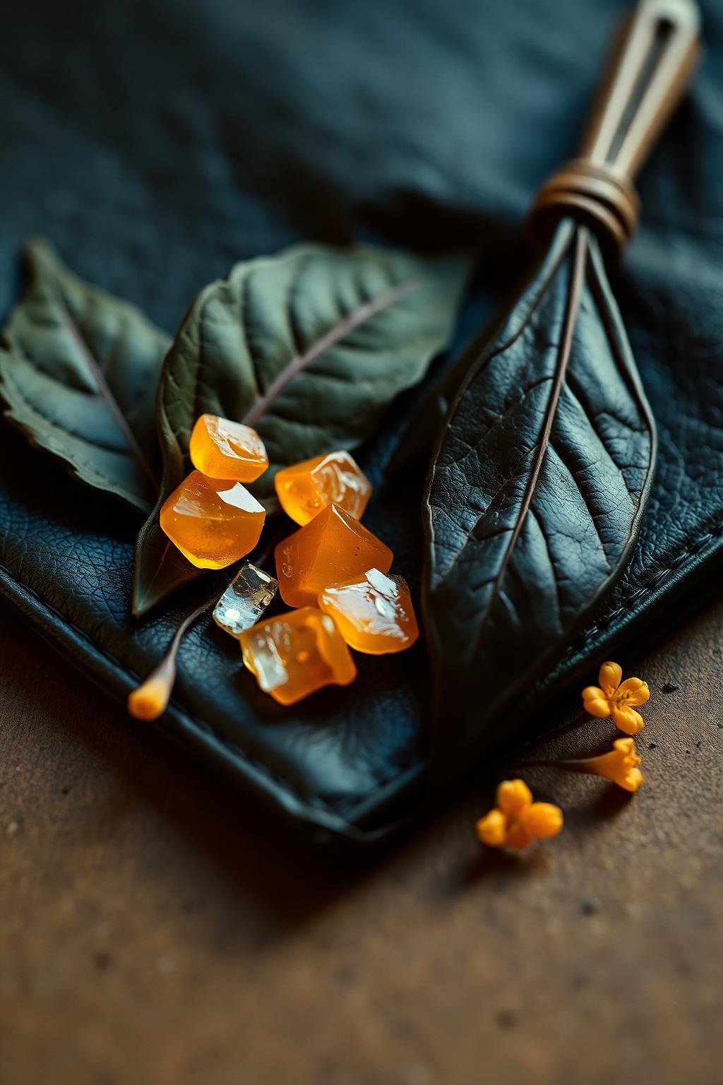 Patchouli leaves, dry amber and oud chips on folded black leather