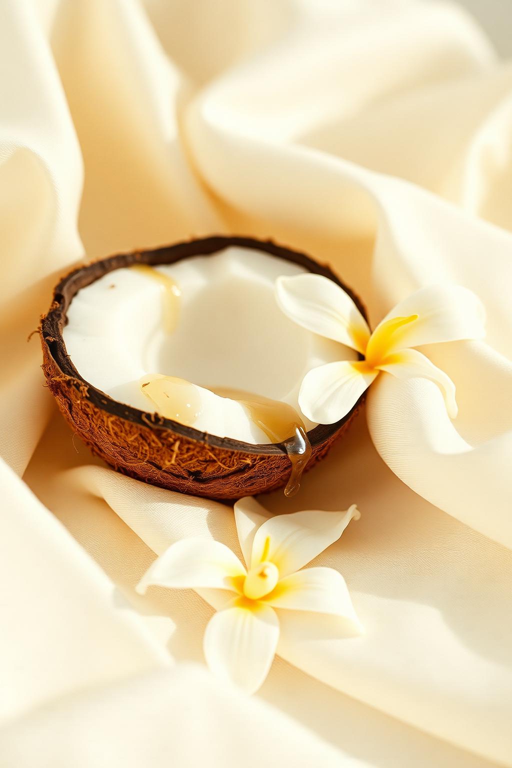Coconut, white petals and golden amber oil on cream silk